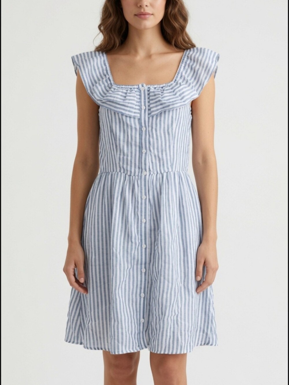 NWT Tresics Striped Ruffle Button-Down Sundress — Blue/White Womens Size Large